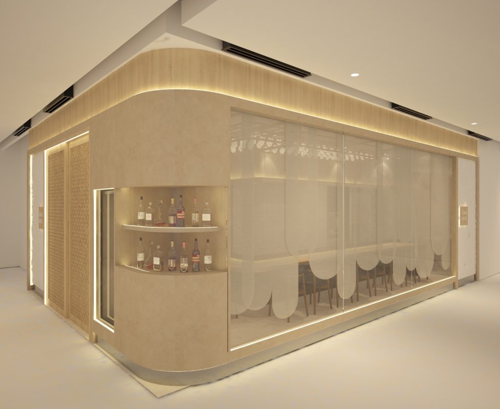 Shiori Omakase shopfront at Dunearn Village, with a bottle display and sheer curtains behind the glass